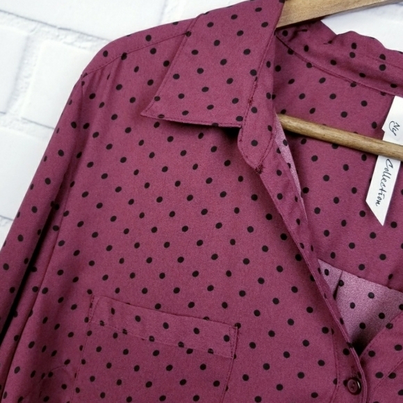 Womens Maroon Polka Dot Button Up Blouse Top Shirt Size XL Long Sleeve Pockets - Picture 3 of 8